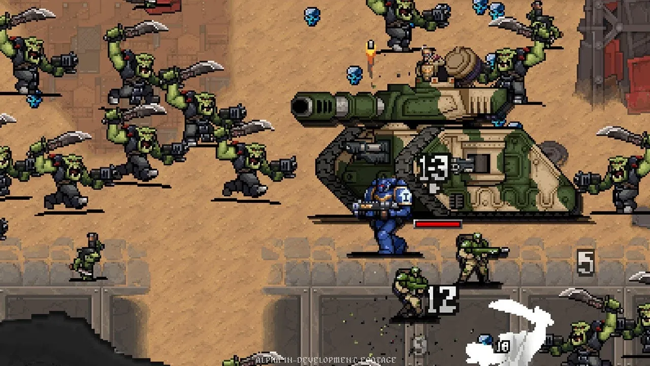 Space Marine and guardsmen fighting Orks beside a battle tank