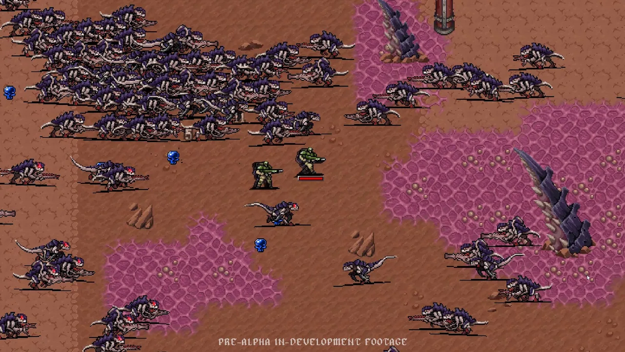 Space Marine gunner fighting a Tyranid swarm alone on a desert battlefield