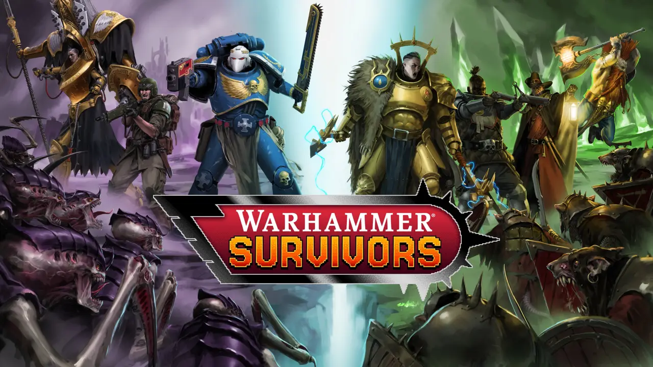 Official Warhammer Survivors key art showing heroes of both universes